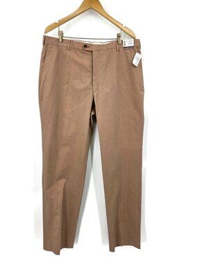 NEW Hickey Freeman Cotton Pants Mens 38 Rose & Tan Herringbone Stripe Pattern